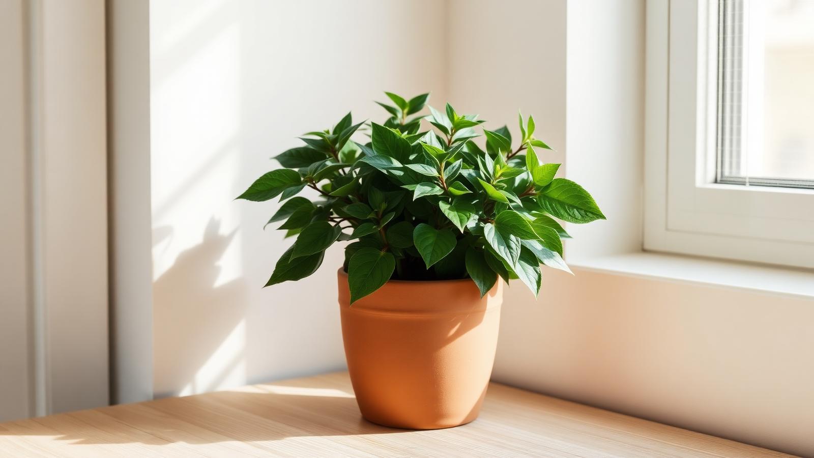Green leafy plant in a clay pot by a bright window